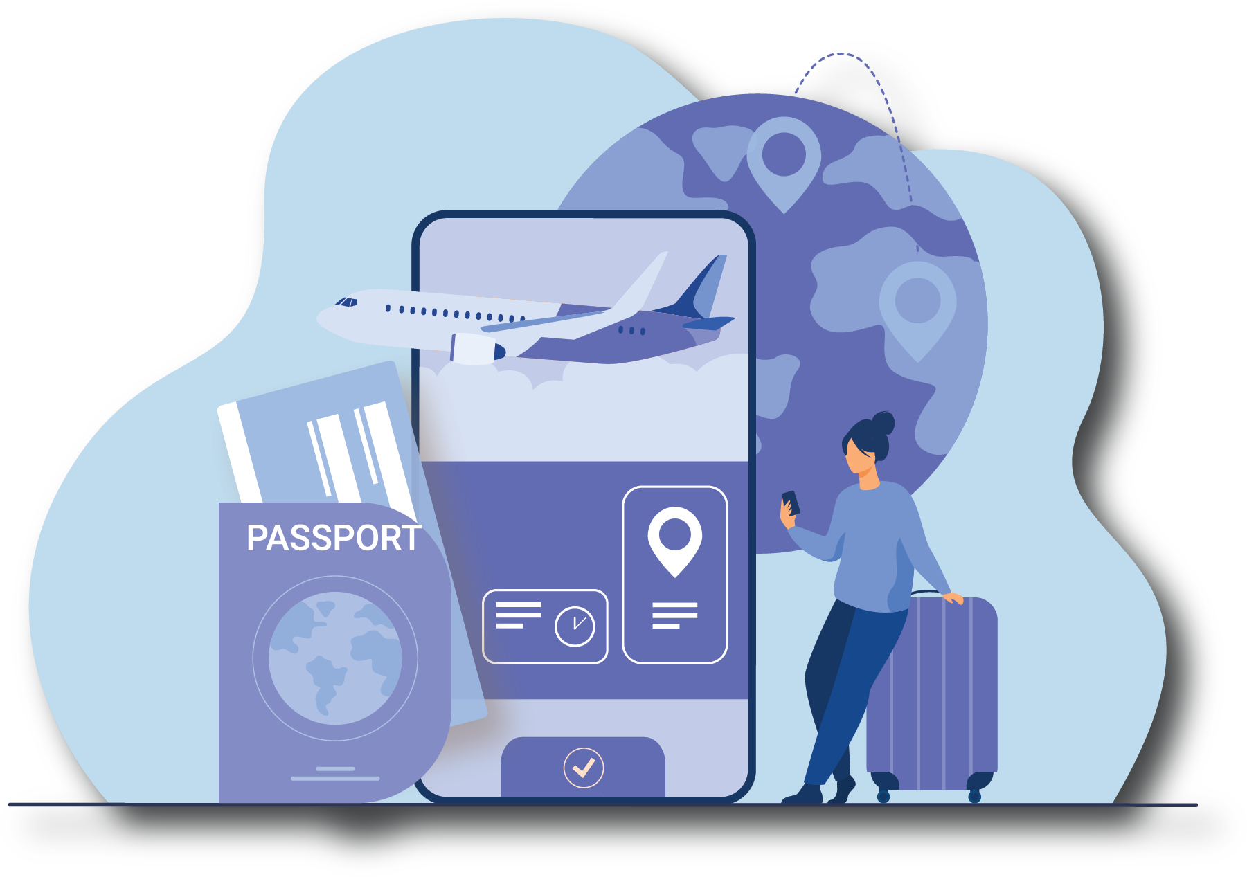A traveller woman   apparently an immigration aspirant   is checking her mobile device for documentation and information purposes.  The passport in the image symbolizes the transition in her citizenship and her new identity.  The icons of an air borne flight, a clock and a geotag prominently suggest the change of place and belonging.  The checkmark at the end is very significant in that it confirms that she has made the right choices.  By investing in a regional center project, you can make a good choice for EB 5 investment options.