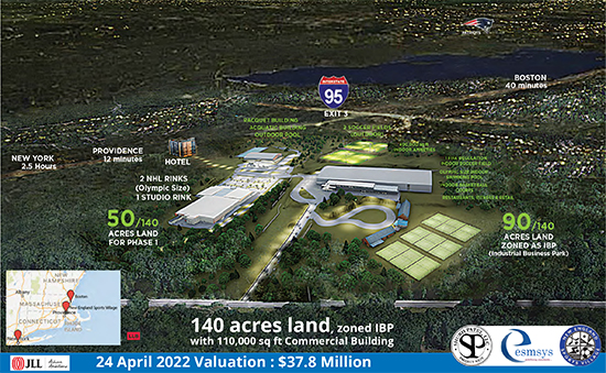 New England Sports Village: Massive 133-acre complex in Attleboro, MA. Features NHL rinks. Now developing  hotel. upcoming plans are for resedential and commercial buildings, aquatics center and fieldhouse. Conveniently located near Boston. A premier sports destination for athletes and fans.